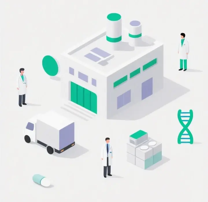 Ilustração de um laboratório com molécula de DNA, representando o seguro para ensaios clínicos.