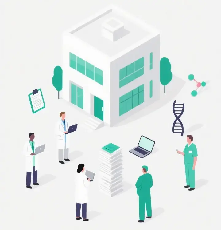Ilustração de um centro de pesquisa com cientistas trabalhando em um projeto.